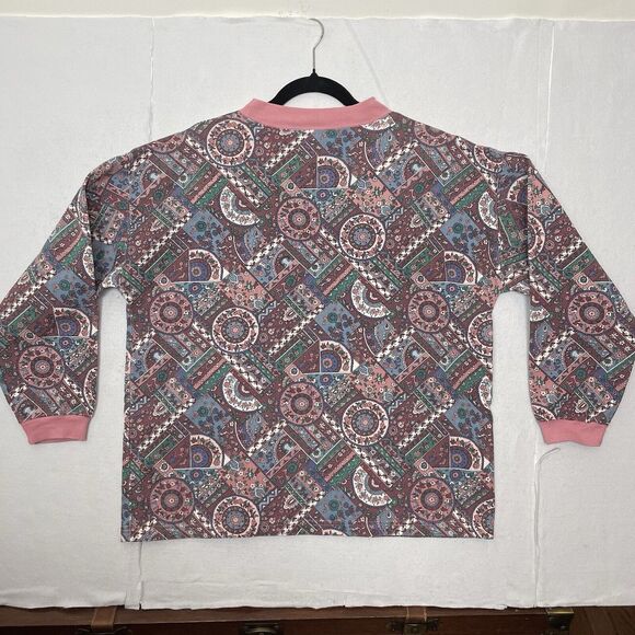 Vintage 90's Pink Patchwork Tapestry Fabric Print Top Sz Medium Made In USA - Picture 12 of 14